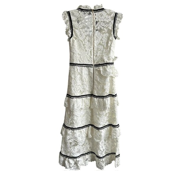 SELF-PORTRAIT Black and White Tiered Ruffled Lace Midi Dress US 4 - Picture 3 of 10